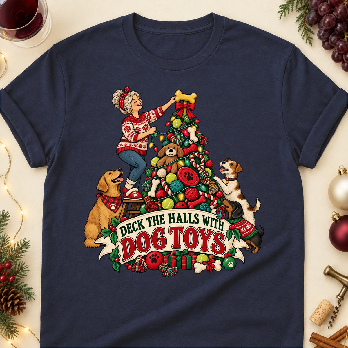 Deck The Halls With Dog Toys Christmas Dog Mom T-Shirt in Navy