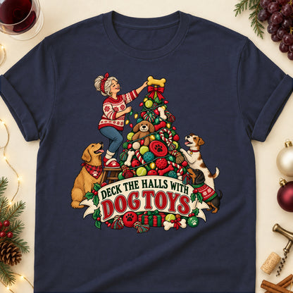 Deck The Halls With Dog Toys Christmas Dog Mom T-Shirt in Navy