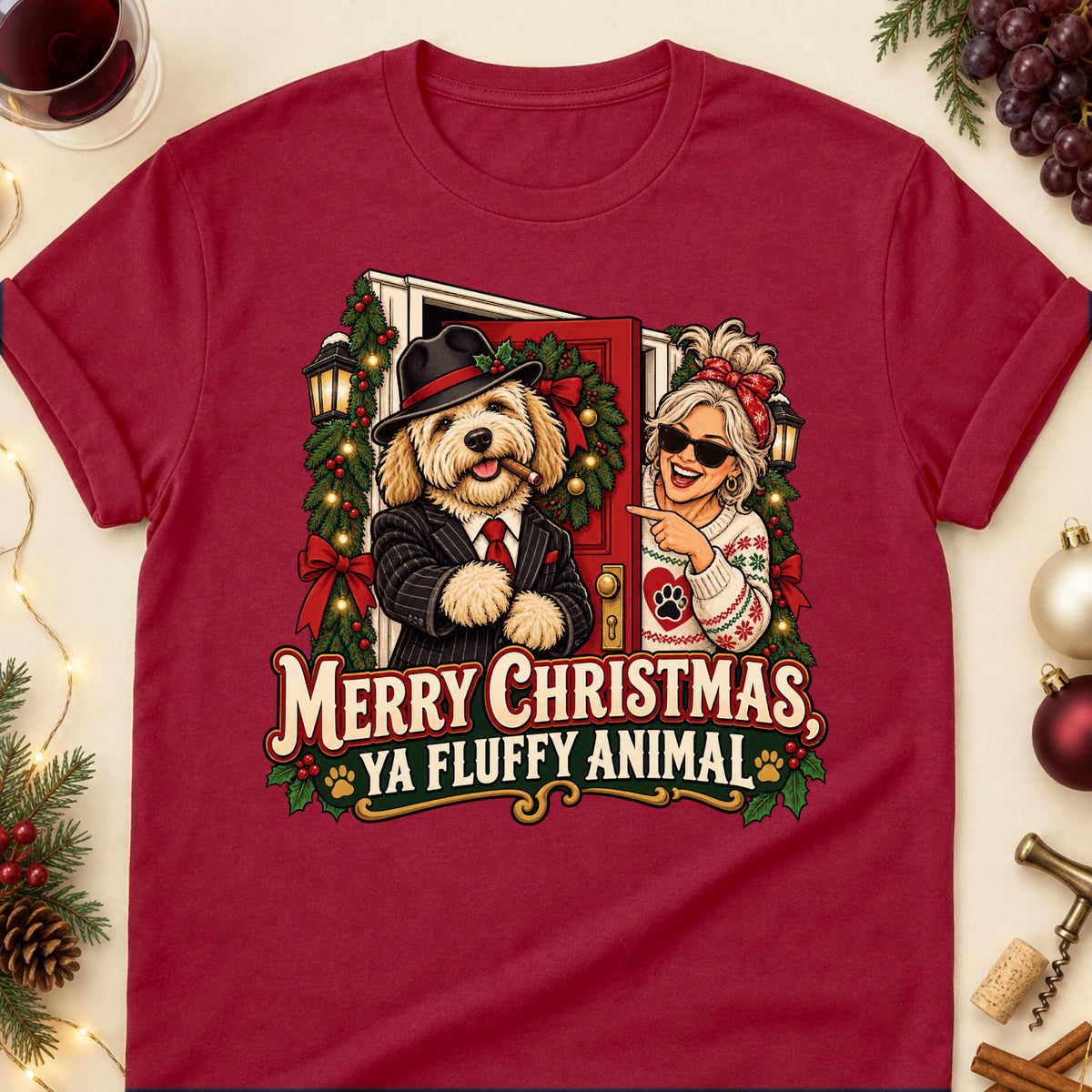 Merry Christmas, Ya Fluffy Animal Christmas Dog Mom T-Shirt in Cardinal Red