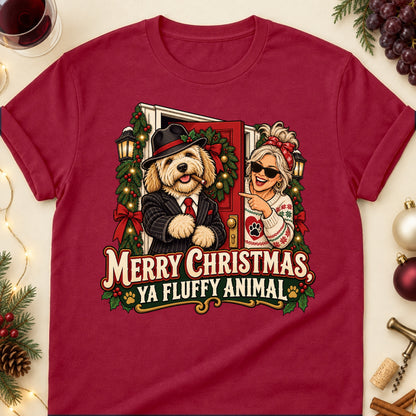 Merry Christmas, Ya Fluffy Animal Christmas Dog Mom T-Shirt in Cardinal Red