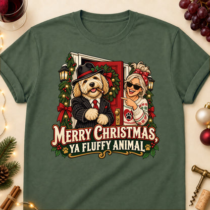 Merry Christmas, Ya Fluffy Animal Christmas Dog Mom T-Shirt in Military Green