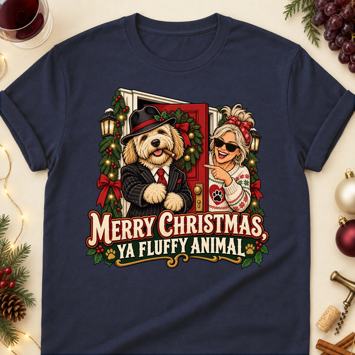 Merry Christmas, Ya Fluffy Animal Christmas Dog Mom T-Shirt in Navy