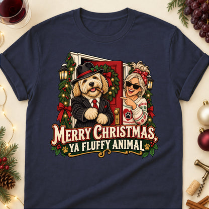 Merry Christmas, Ya Fluffy Animal Christmas Dog Mom T-Shirt in Navy