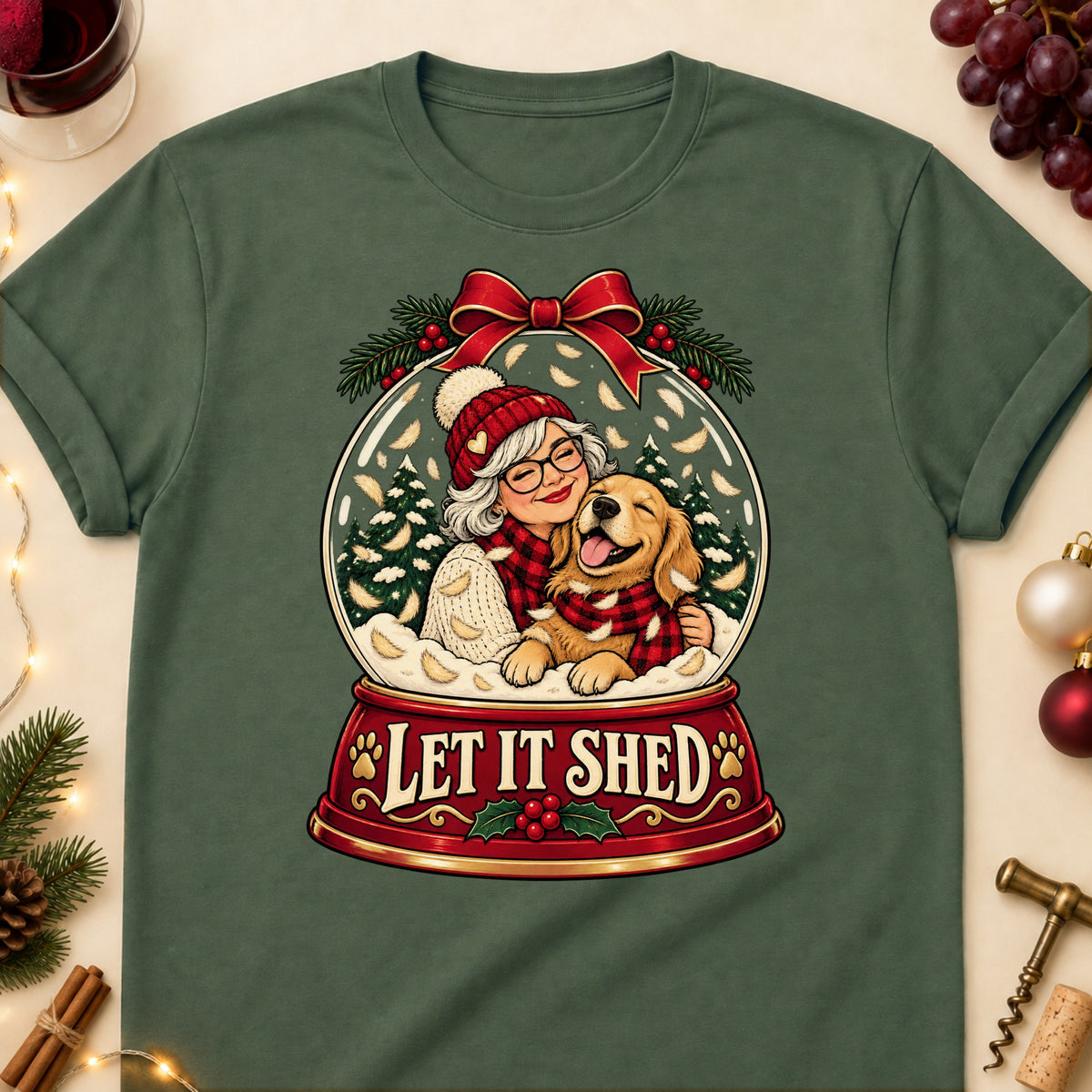Let It Shed Christmas Dog Mom T-Shirt in Military Green