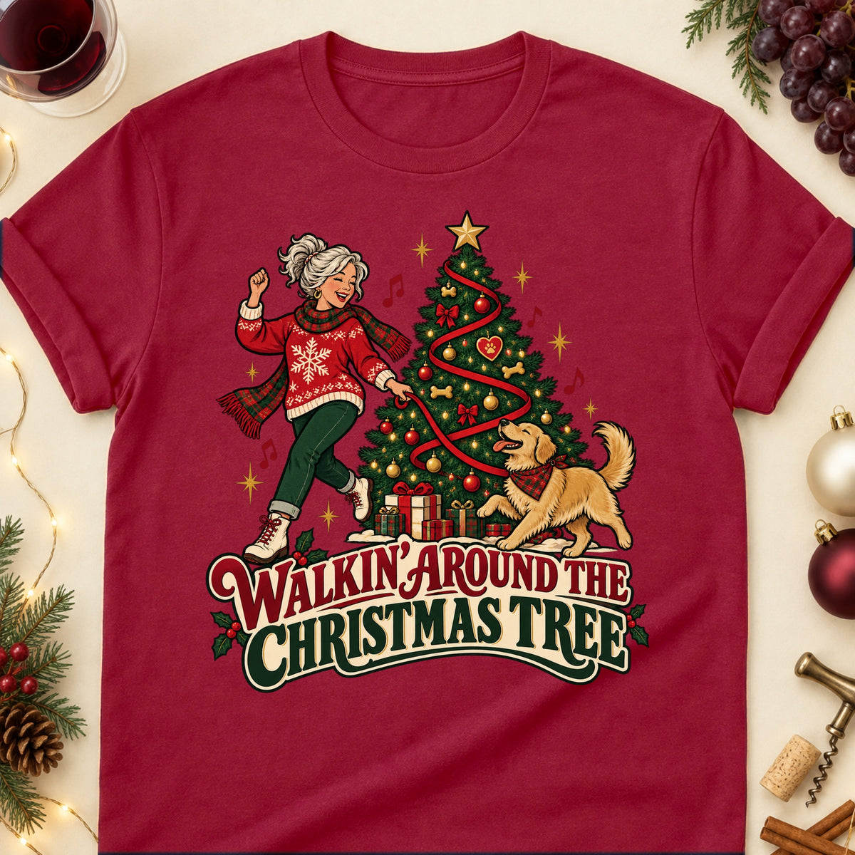 Walkin' Around The Christmas Tree Christmas Dog Mom T-Shirt in Cardinal Red