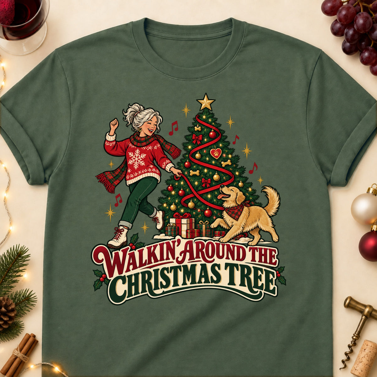 Walkin' Around The Christmas Tree Christmas Dog Mom T-Shirt in Military Green