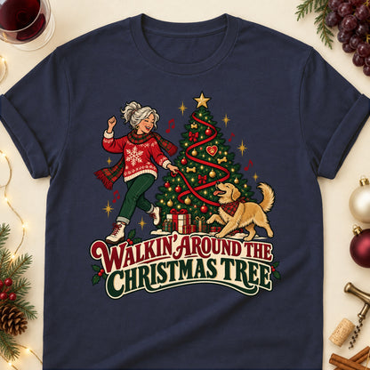 Walkin' Around The Christmas Tree Christmas Dog Mom T-Shirt in Navy