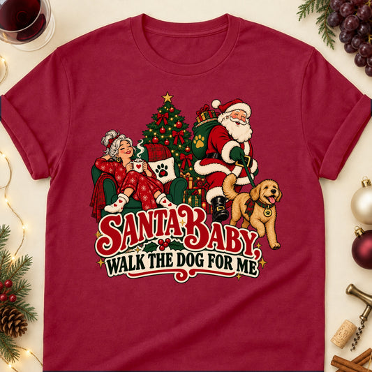 Santa Baby, Walk The Dog For Me Christmas Dog Mom T-Shirt in Cardinal Red