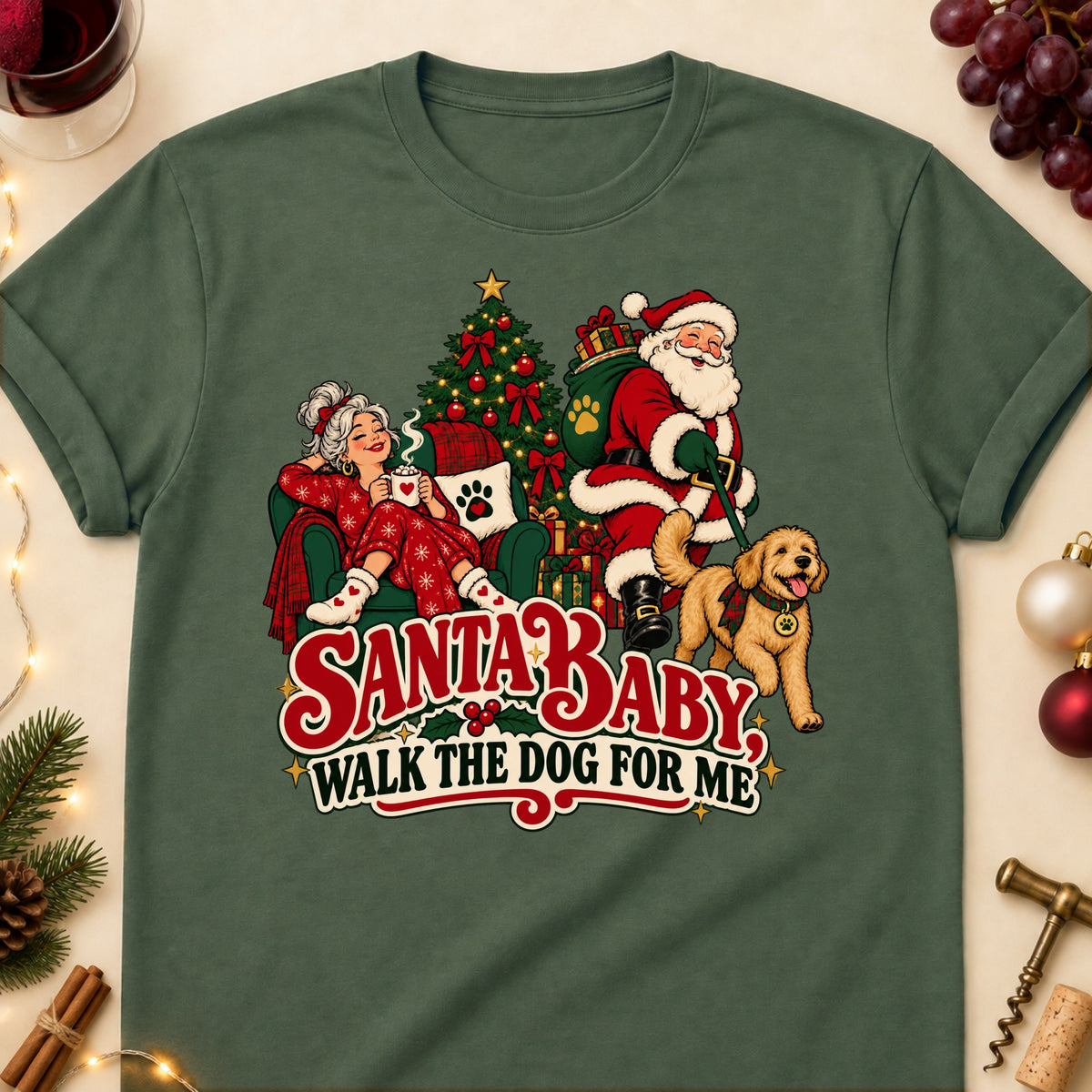 Santa Baby, Walk The Dog For Me Christmas Dog Mom T-Shirt in Military Green