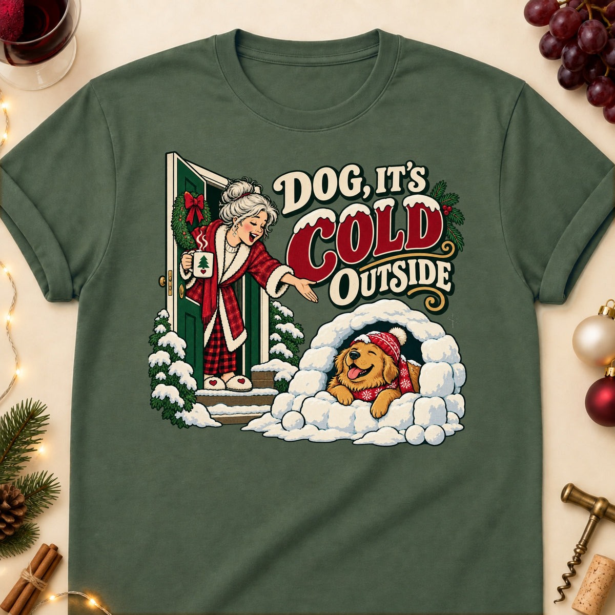 Dog, It's Cold Outside Christmas Dog Mom T-Shirt in Military Green