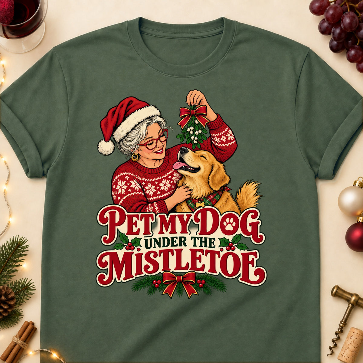Pet My Dog Under The Mistletoe Christmas Dog Mom T-Shirt in Military Green