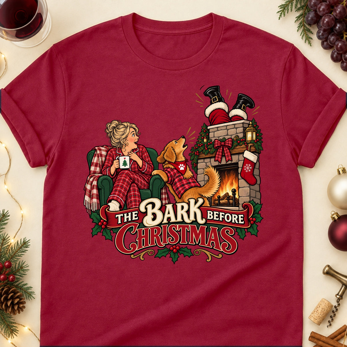 The Bark Before Christmas Christmas Dog Mom T-Shirt in Cardinal Red