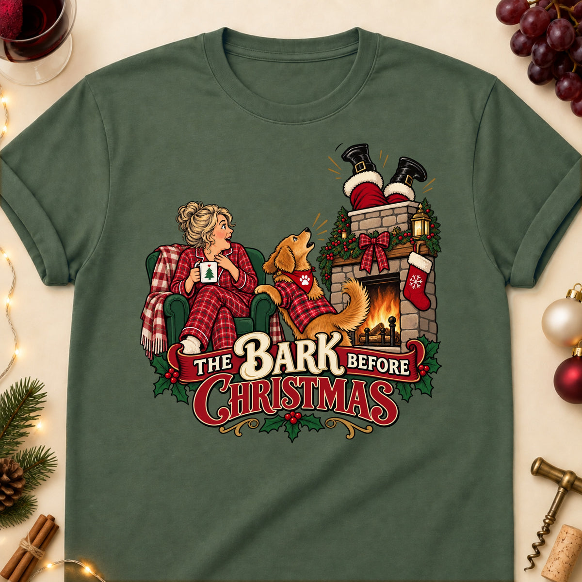 The Bark Before Christmas Christmas Dog Mom T-Shirt in Military Green