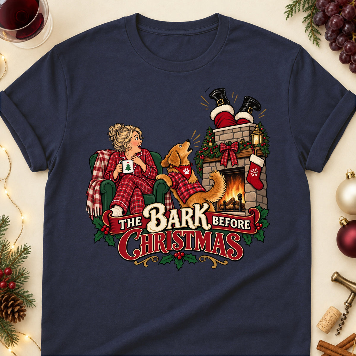 The Bark Before Christmas Christmas Dog Mom T-Shirt in Navy