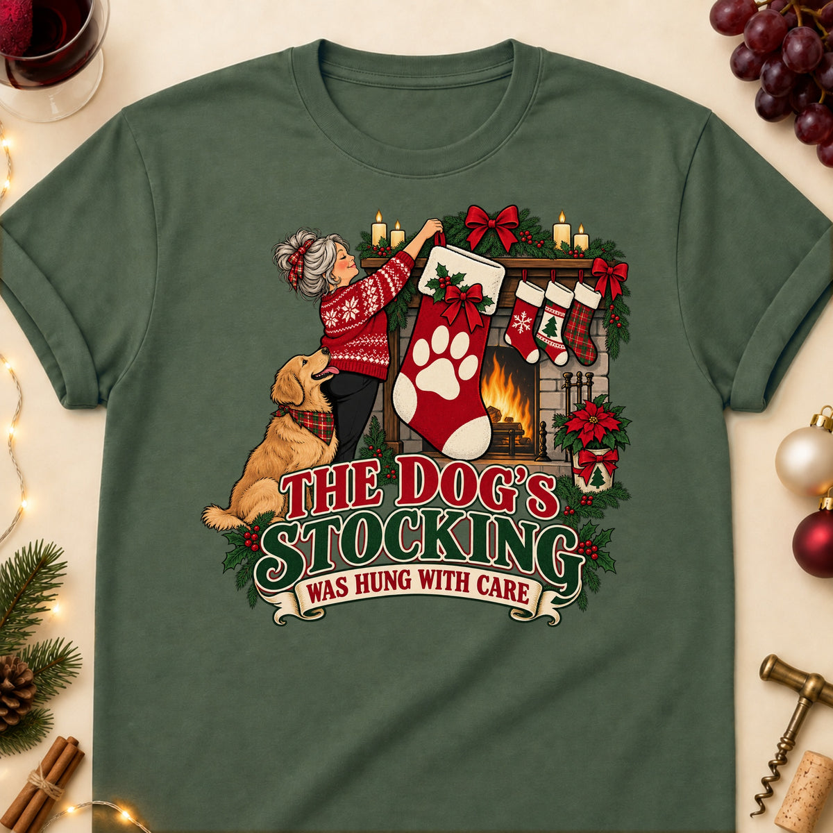 The Dog's Stocking Was Hung With Care Christmas Dog Mom T-Shirt in Military Green