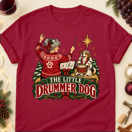 The Little Drummer Dog Christmas Dog Mom T-Shirt in Cardinal Red