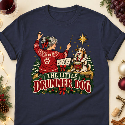 The Little Drummer Dog Christmas Dog Mom T-Shirt in Navy