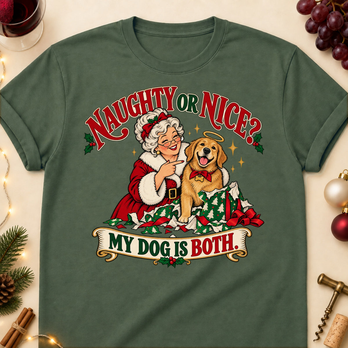 Naughty Or Nice? My Dog Is Both. Christmas Dog Mom T-Shirt in Military Green
