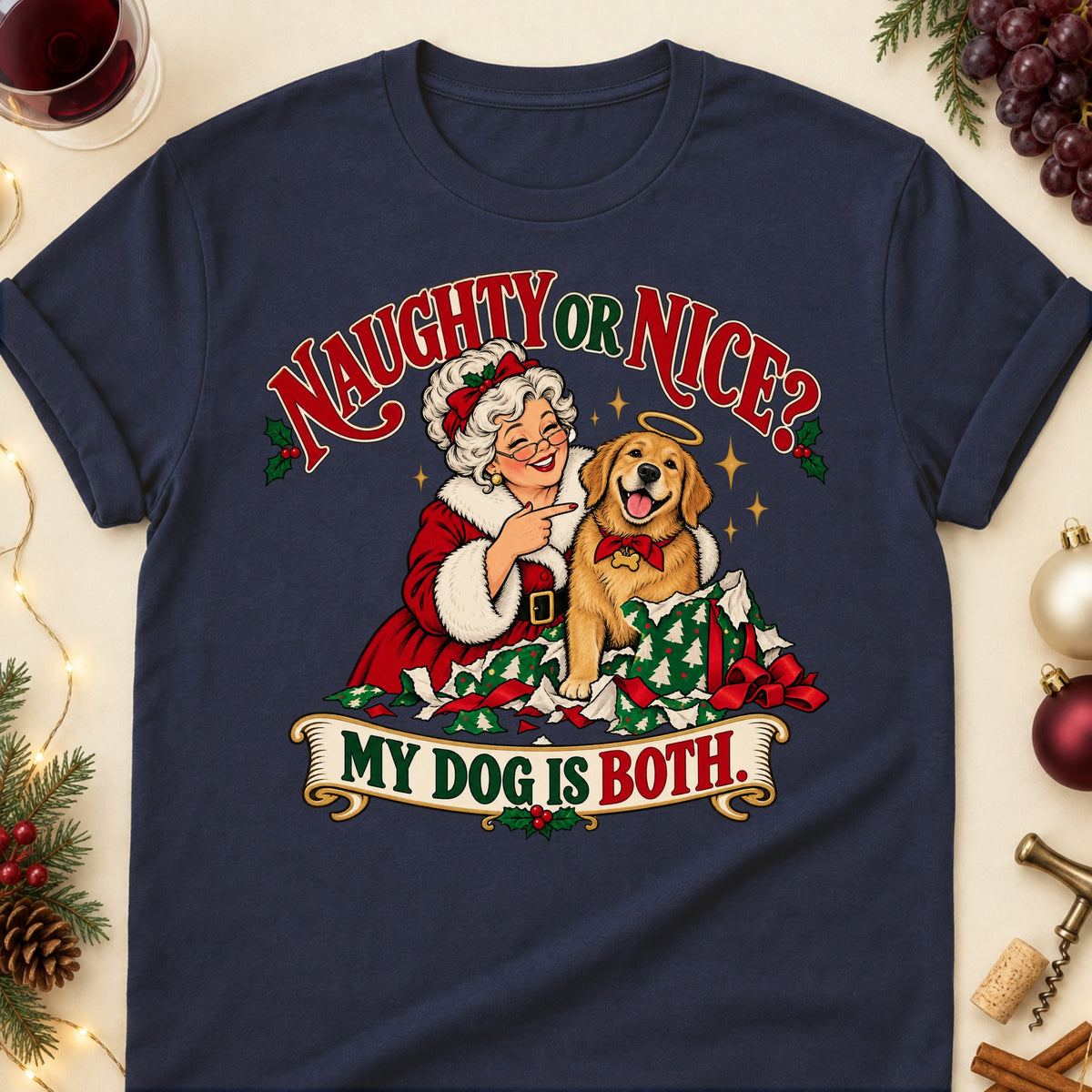 Naughty Or Nice? My Dog Is Both. Christmas Dog Mom T-Shirt in Navy