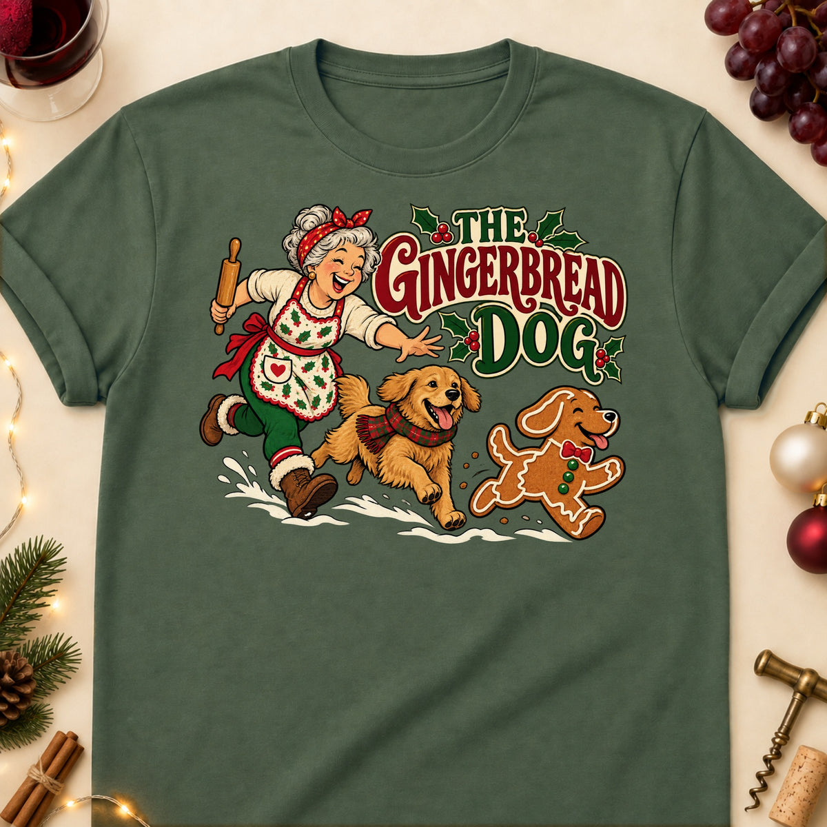 The Gingerbread Dog Christmas Dog Mom T-Shirt in Military Green