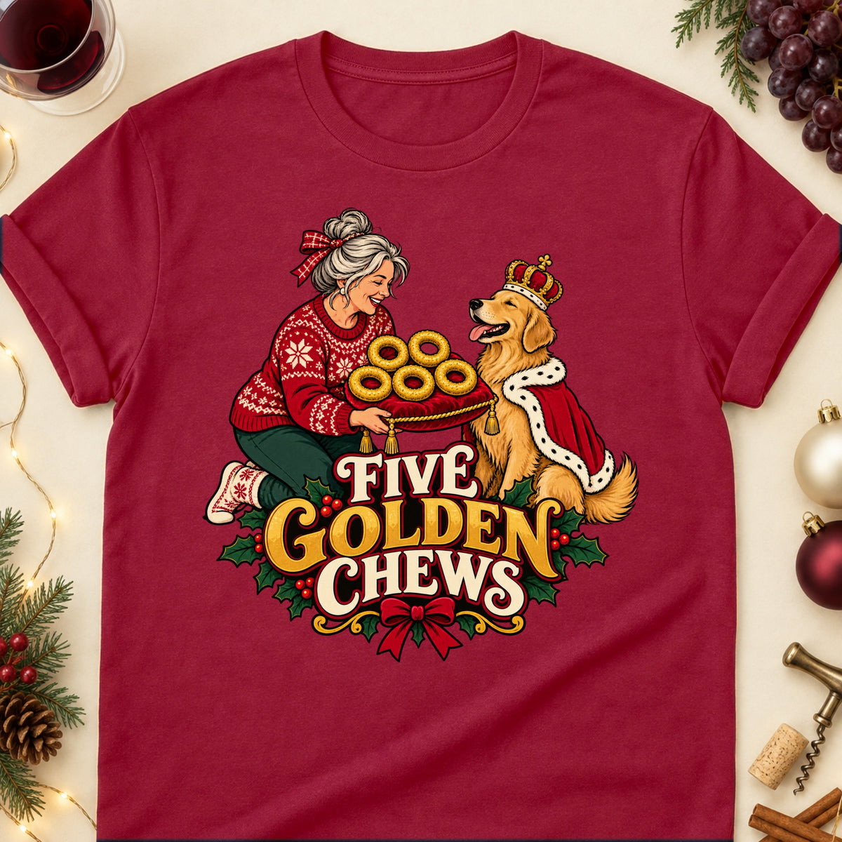 Five Golden Chews Christmas Dog Mom T-Shirt in Cardinal Red