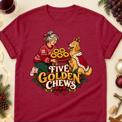 Five Golden Chews Christmas Dog Mom T-Shirt in Cardinal Red