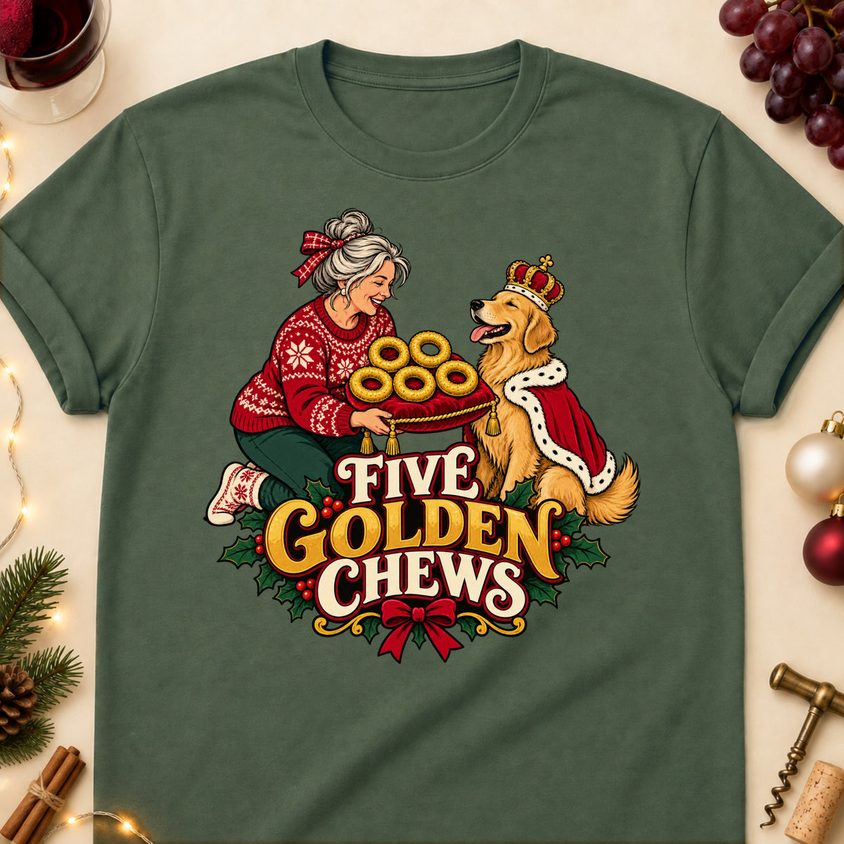 Five Golden Chews Christmas Dog Mom T-Shirt in Military Green