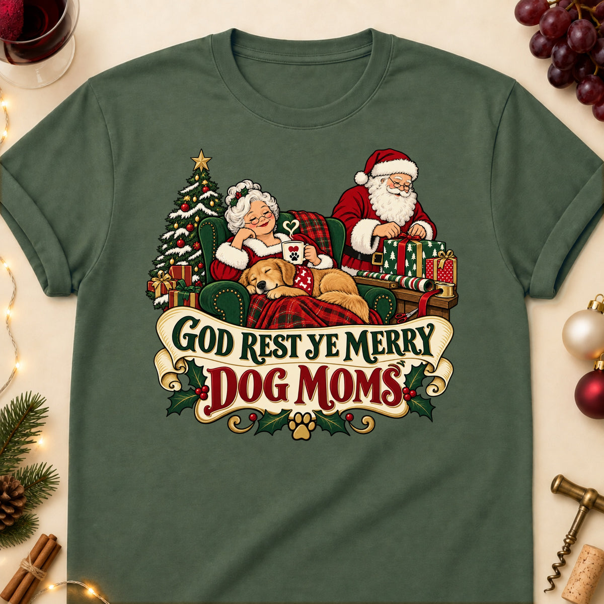 God Rest Ye Merry Dog Moms Christmas Dog Mom T-Shirt in Military Green