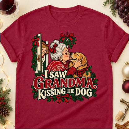 I Saw Grandma Kissing The Dog Christmas Dog Mom T-Shirt in Cardinal Red