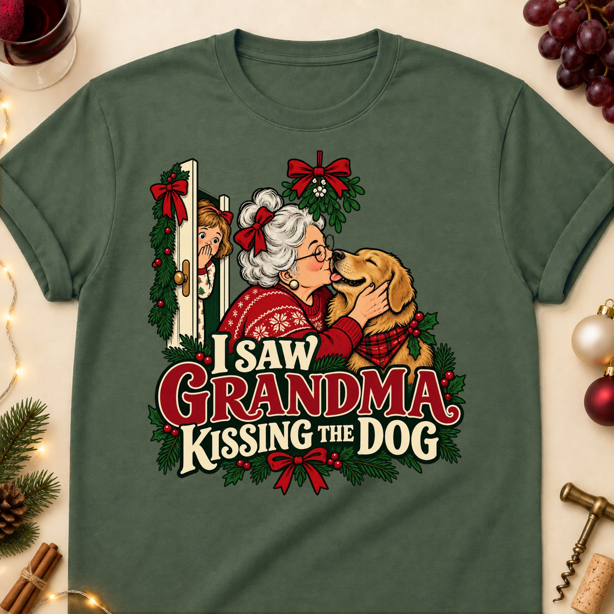 I Saw Grandma Kissing The Dog Christmas Dog Mom T-Shirt in Military Green