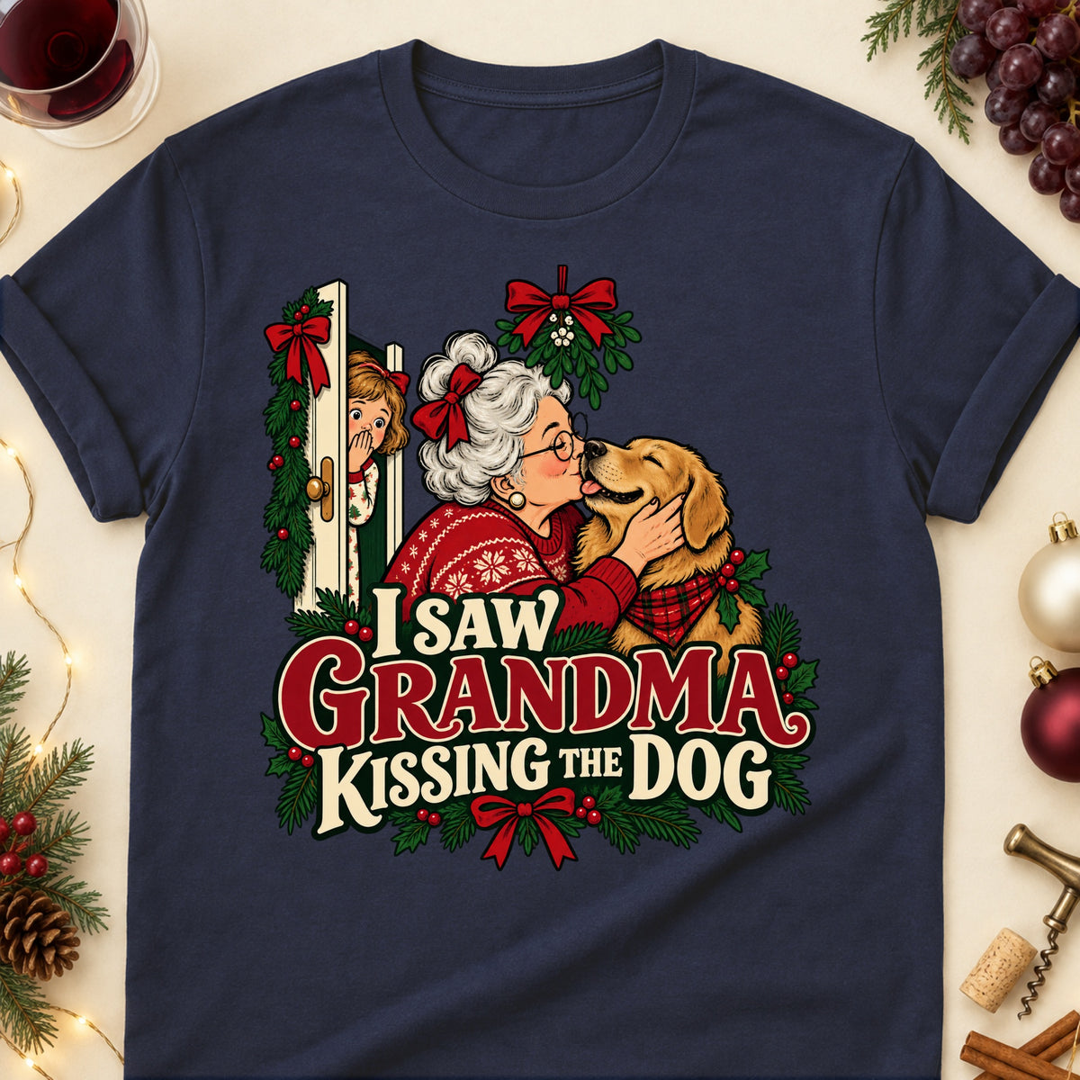 I Saw Grandma Kissing The Dog Christmas Dog Mom T-Shirt in Navy
