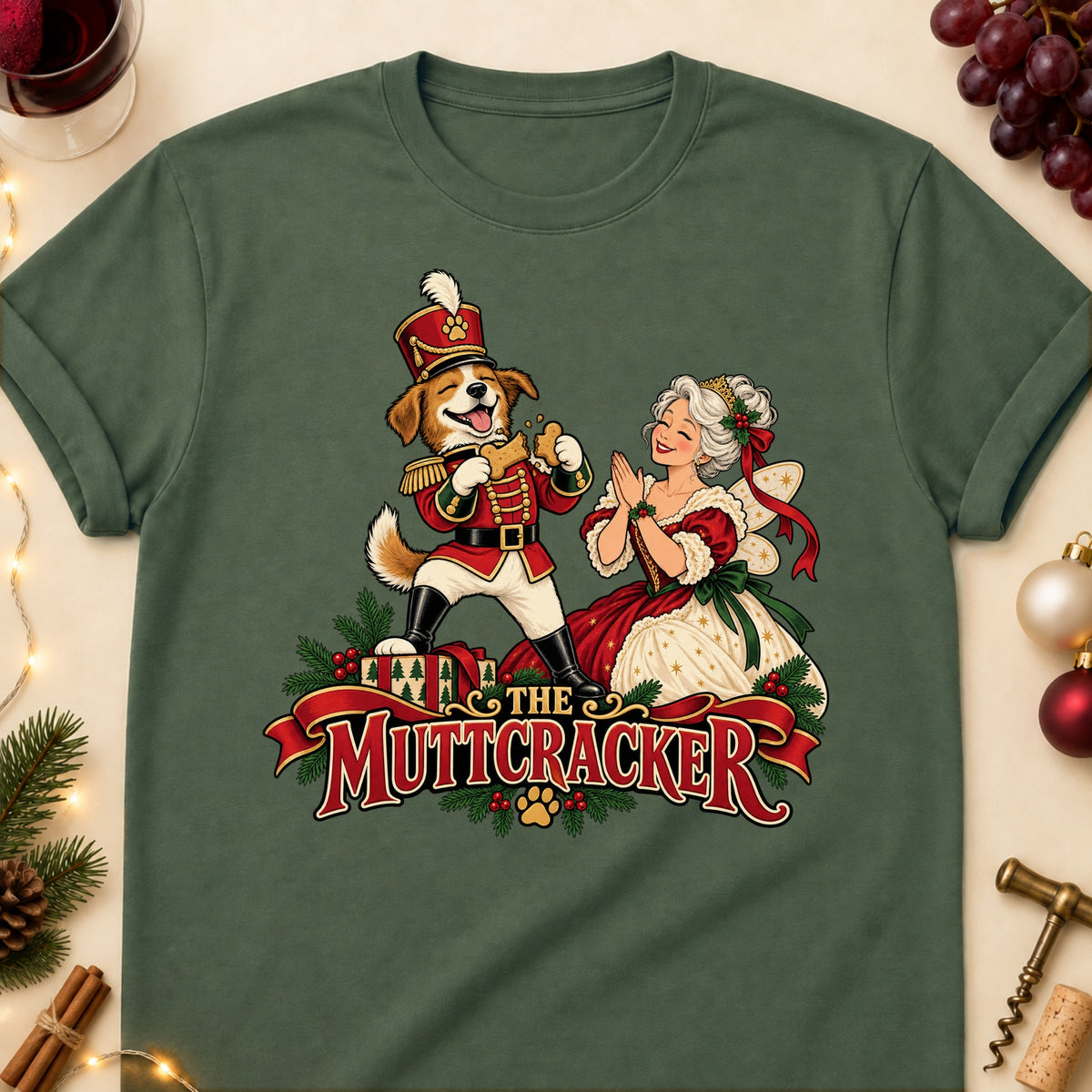 The Muttcracker Christmas Dog Mom T-Shirt in Military Green