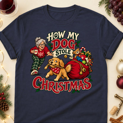 How My Dog Stole Christmas Christmas Dog Mom T-Shirt in Navy