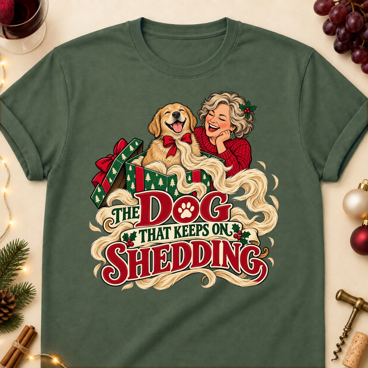 The Dog That Keeps On Shedding Christmas Dog Mom T-Shirt in Military Green