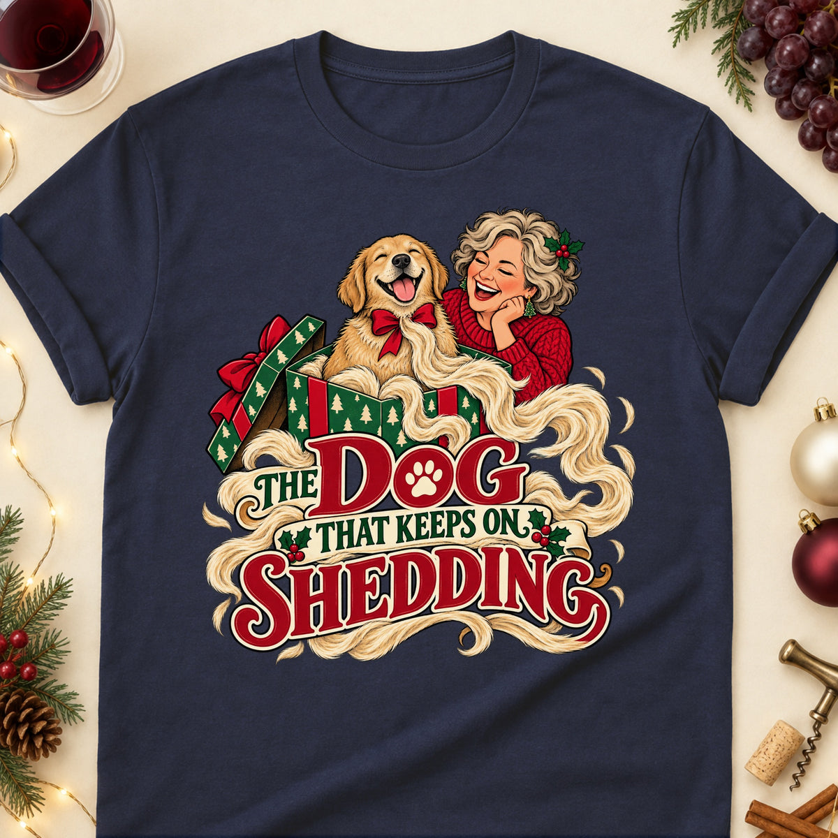 The Dog That Keeps On Shedding Christmas Dog Mom T-Shirt in Navy