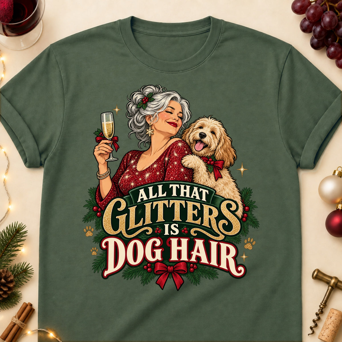 All That Glitters Is Dog Hair Christmas Dog Mom T-Shirt in Military Green