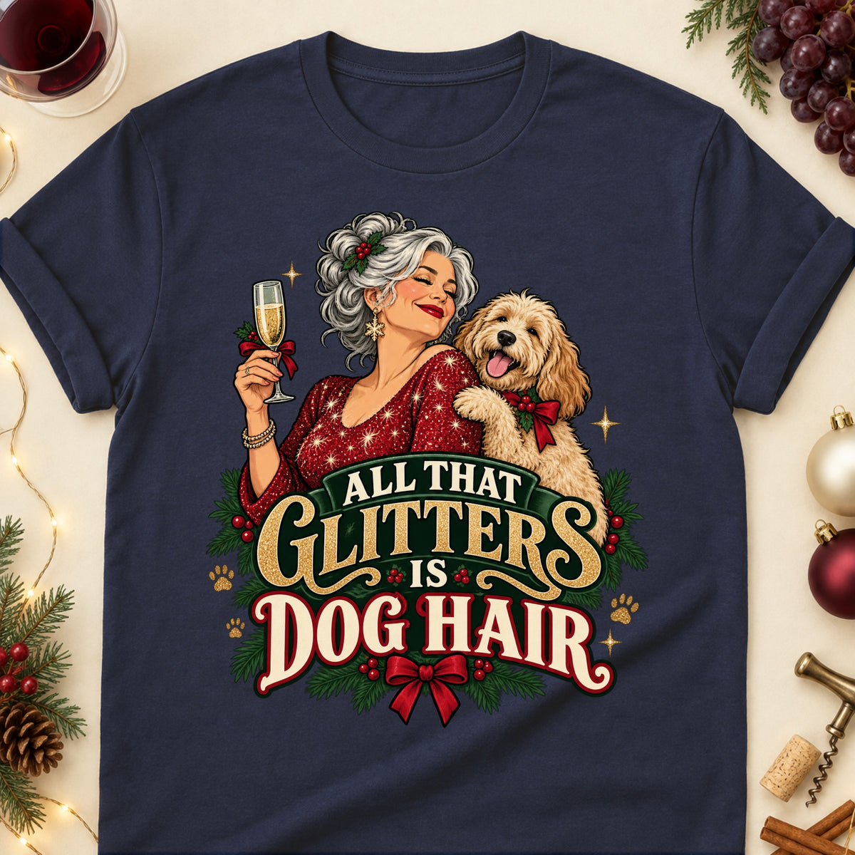 All That Glitters Is Dog Hair Christmas Dog Mom T-Shirt in Navy
