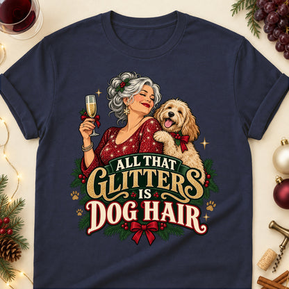 All That Glitters Is Dog Hair Christmas Dog Mom T-Shirt in Navy
