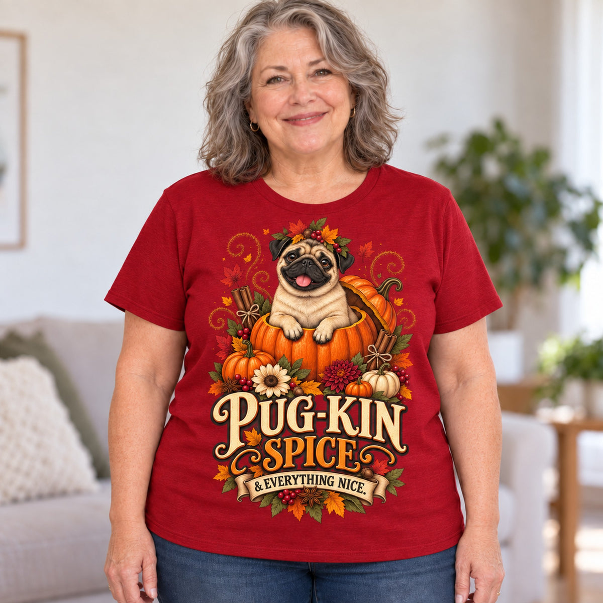 Pug-Kin Spice T-shirt in Cardinal Red, worn by Donna. Donna is 5′3″ and wears her usual size 2XL. [bb c=cardinal-red r=body2]