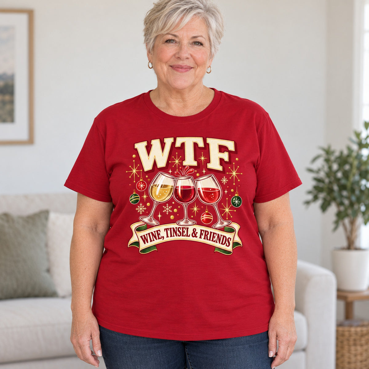 WTF Wine, Tinsel & Friends T-shirt in Cardinal Red, worn by Cindy. Cindy is 5′5″ and wears her usual size 2XL. [bb c=cardinal-red r=body2]