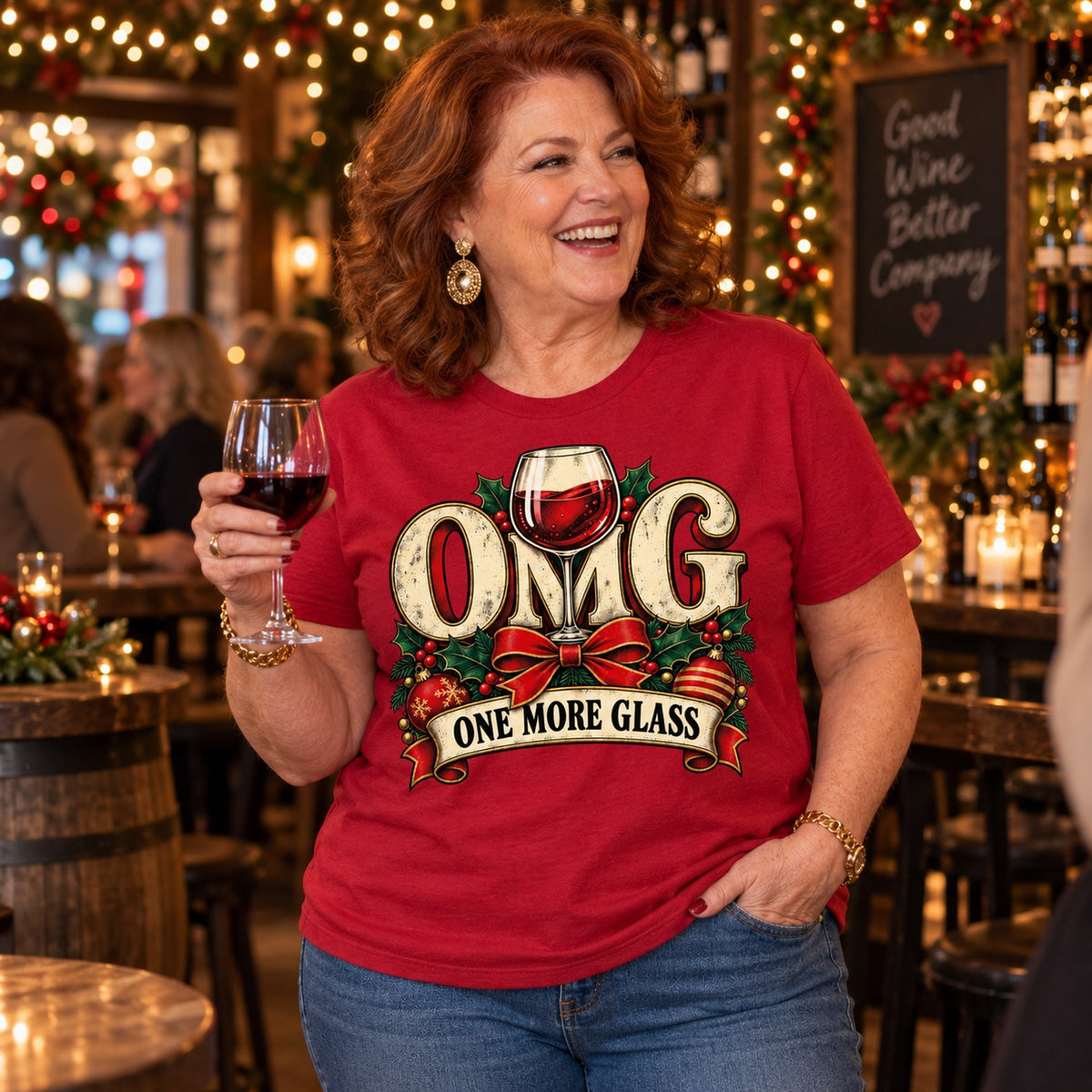 OMG One More Glass T-shirt in Cardinal Red, worn by Brenda. Brenda is 5′4″ and wears her usual size 2XL. [bb c=cardinal-red r=body2]