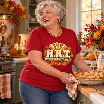 H.R.T. Hot, Retired & Thankful T-shirt in Cardinal Red, worn by Rhonda. Rhonda is 5′4″ and wears her usual size 2XL. [bb c=cardinal-red r=body2]