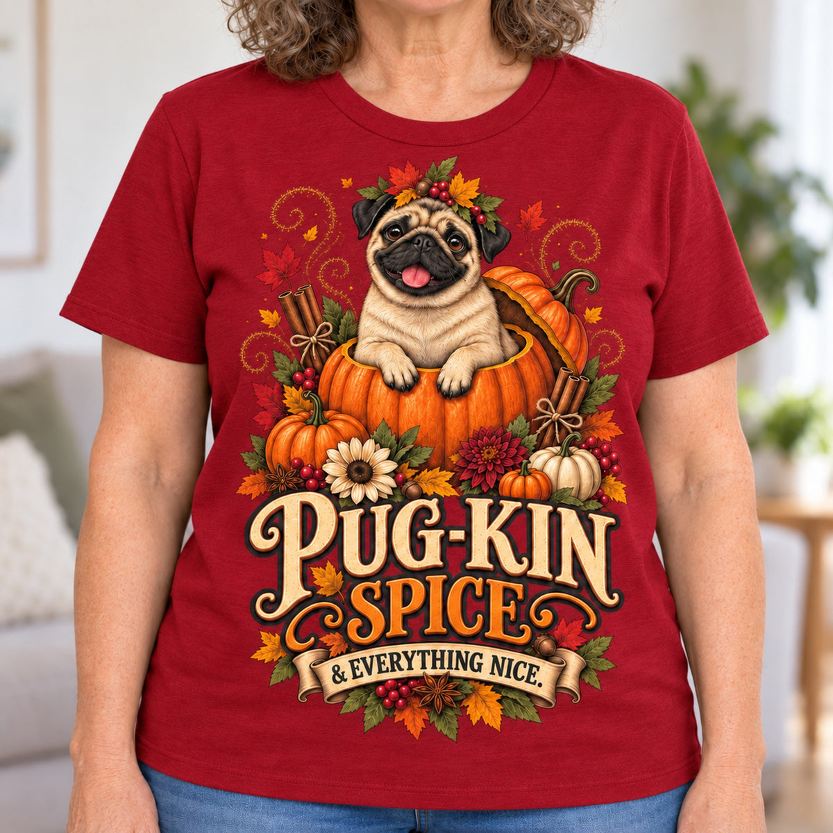 Pug-Kin Spice T-shirt in Cardinal Red, close-up of the print, worn by Janet. Janet is 5′6″ and wears her usual size L. [bb c=cardinal-red r=close]