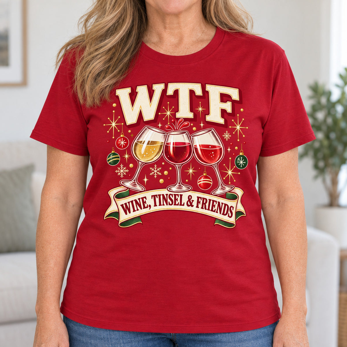 WTF Wine, Tinsel & Friends T-shirt in Cardinal Red, close-up of the print, worn by Debbie. Debbie is 5′4″ and wears her usual size L. [bb c=cardinal-red r=close]
