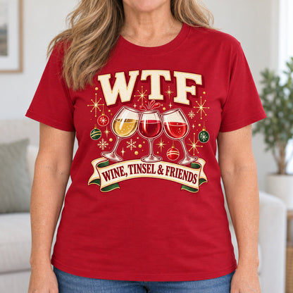 WTF Wine, Tinsel & Friends T-shirt in Cardinal Red, close-up of the print, worn by Debbie. Debbie is 5′4″ and wears her usual size L. [bb c=cardinal-red r=close]