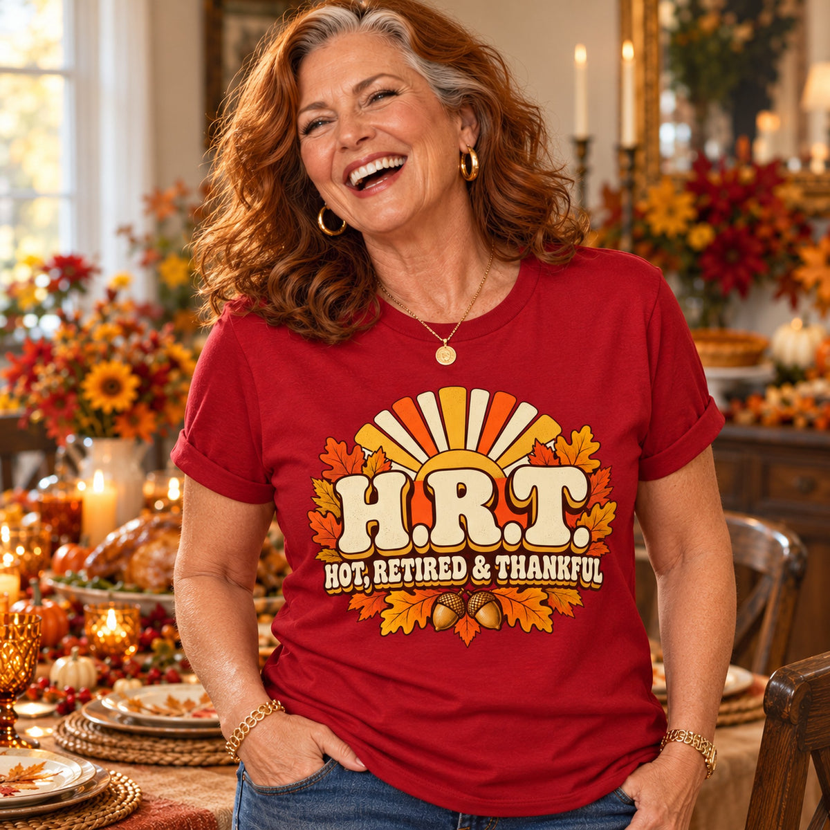 H.R.T. Hot, Retired & Thankful T-shirt in Cardinal Red, close-up of the print, worn by Patricia. Patricia is 5′5″ and wears her usual size L. [bb c=cardinal-red r=close]