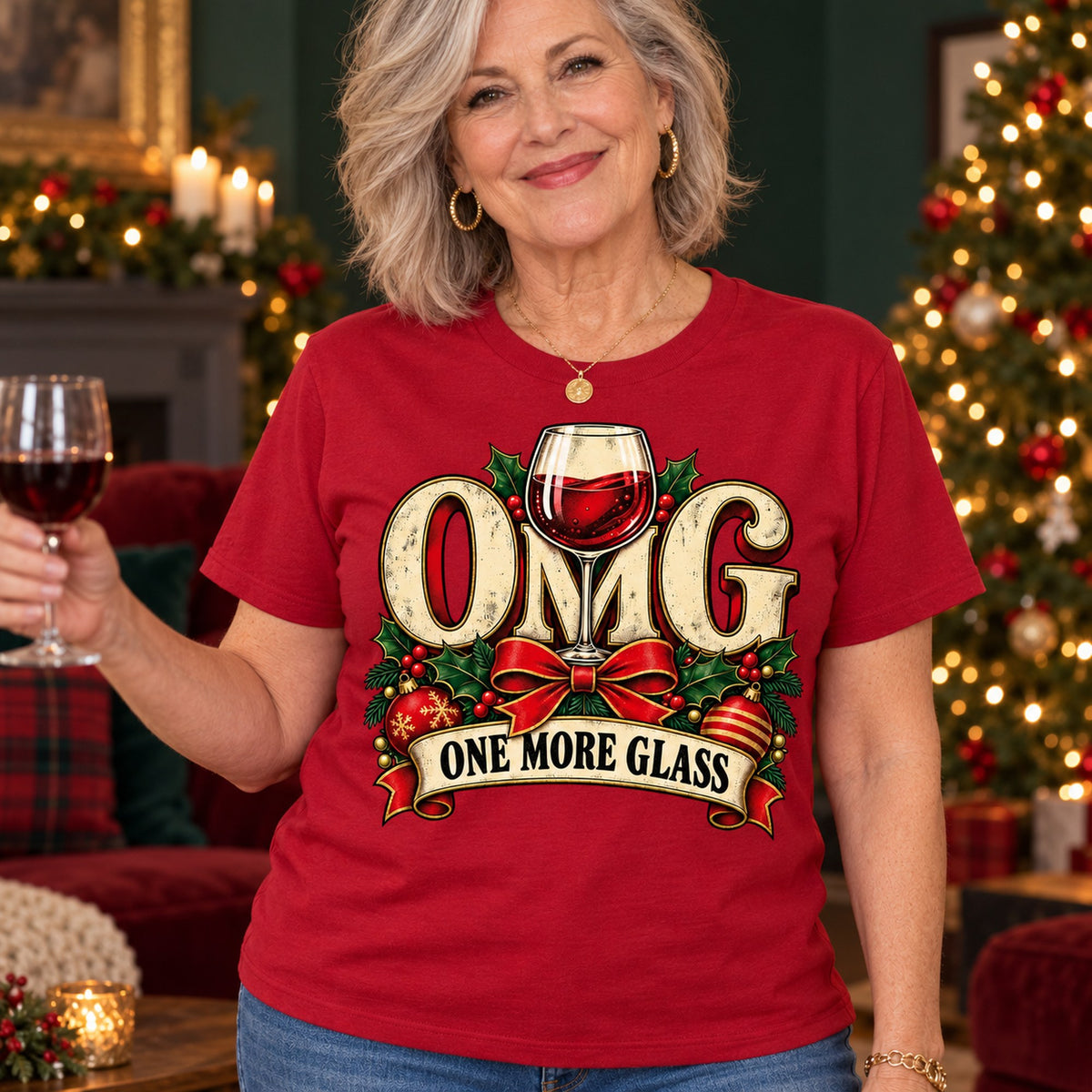 OMG One More Glass T-shirt in Cardinal Red, close-up of the print, worn by Karen. Karen is 5′5″ and wears her usual size L. [bb c=cardinal-red r=close]