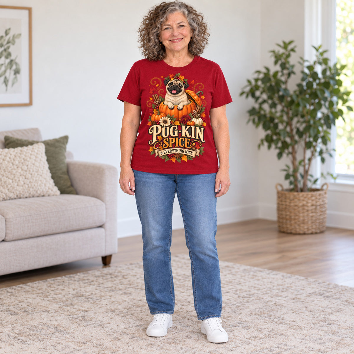 Pug-Kin Spice T-shirt in Cardinal Red, full length, worn by Janet. Janet is 5′6″ and wears her usual size L. [bb c=cardinal-red r=fit]