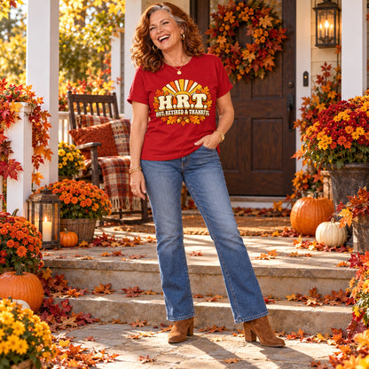 H.R.T. Hot, Retired & Thankful T-shirt in Cardinal Red, full length, worn by Patricia. Patricia is 5′5″ and wears her usual size L. [bb c=cardinal-red r=fit]