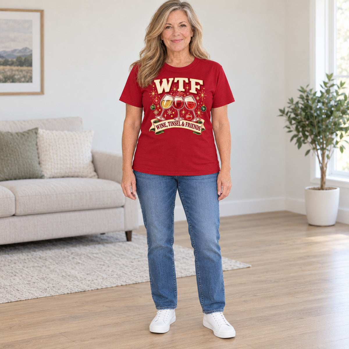 WTF Wine, Tinsel & Friends T-shirt in Cardinal Red, full length, worn by Debbie. Debbie is 5′4″ and wears her usual size L. [bb c=cardinal-red r=fit]